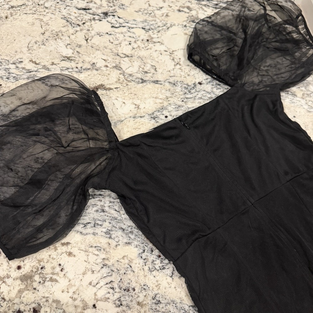 ASOS Black Rose Appliqué Puff Sleeve Bodycon Mini Dress NWT size 12 Fits Like S - Picture 7 of 16